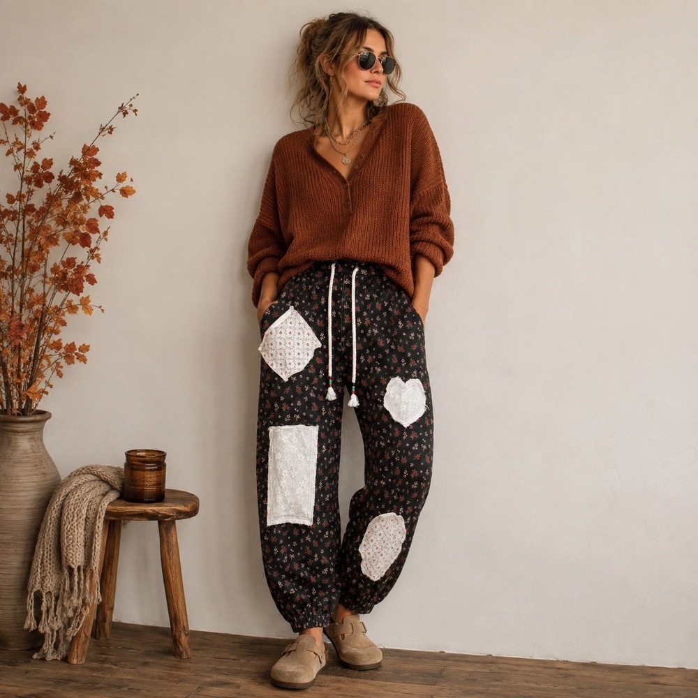 POL Floral Patchwork Jogger Pants Black Boho Lace Heart Cottagecore WYP50A L